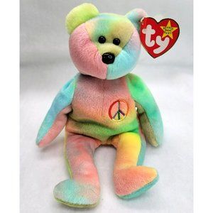 Ty Beanie Baby Peace Bear Tie Dye Multi-color Tri-Face Green Belly CR75